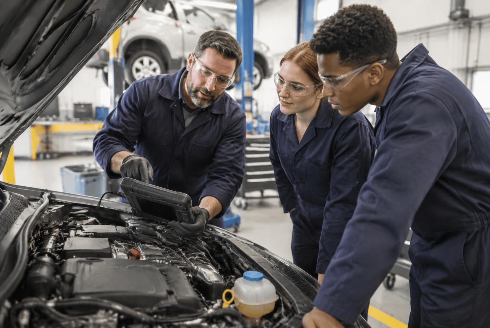 Practical motor vehicle teaching in a college workshop