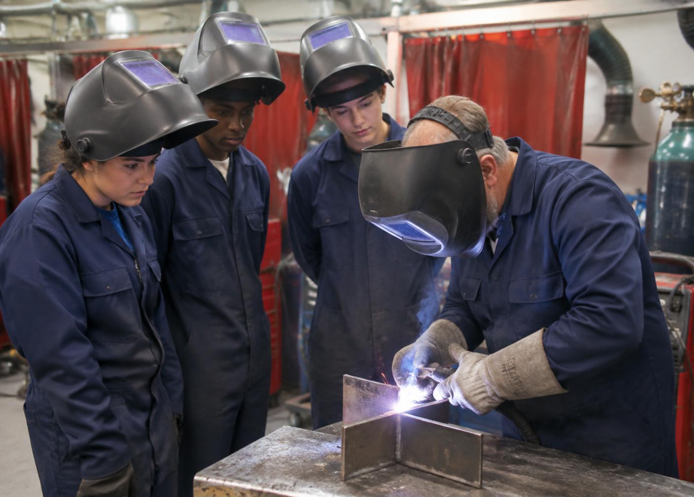 College instructor demonstrating welding to a group of learners
