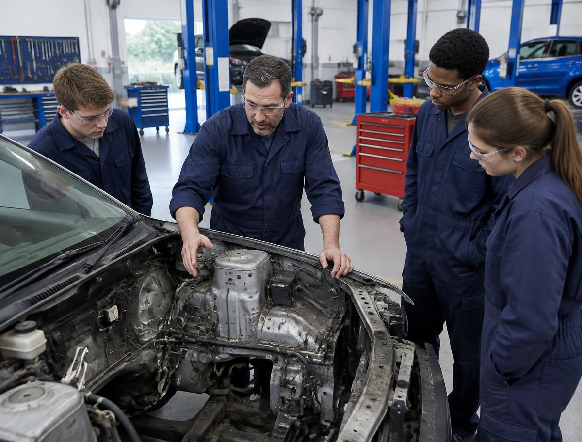 Motor vehicle instructor teaching learners around a stripped engine bay