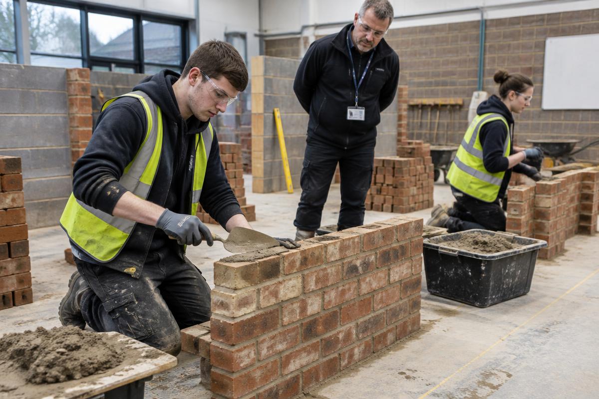 Learners building test walls in a college bricklaying bay while an instructor observes