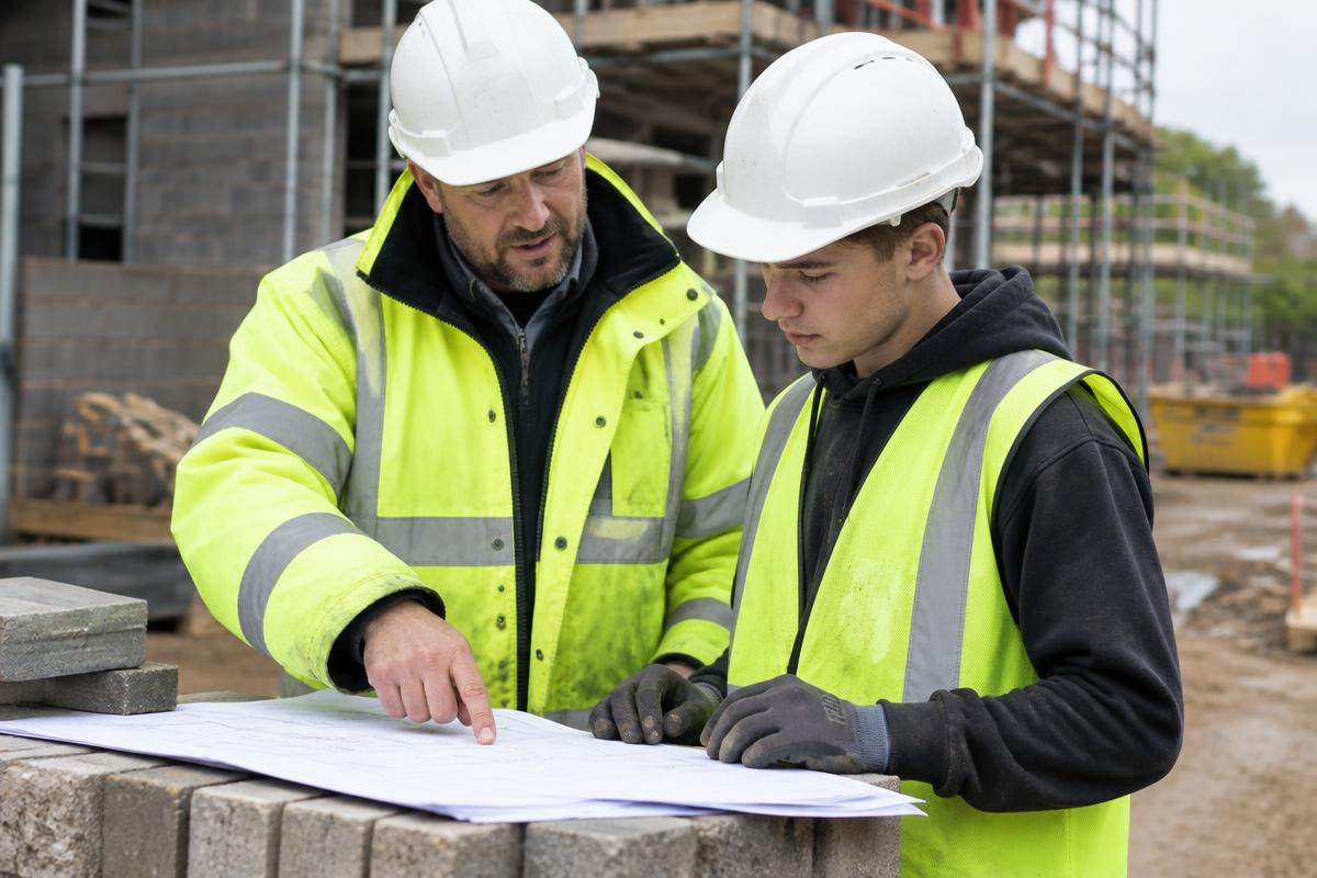 Site supervisor going through drawings with an apprentice