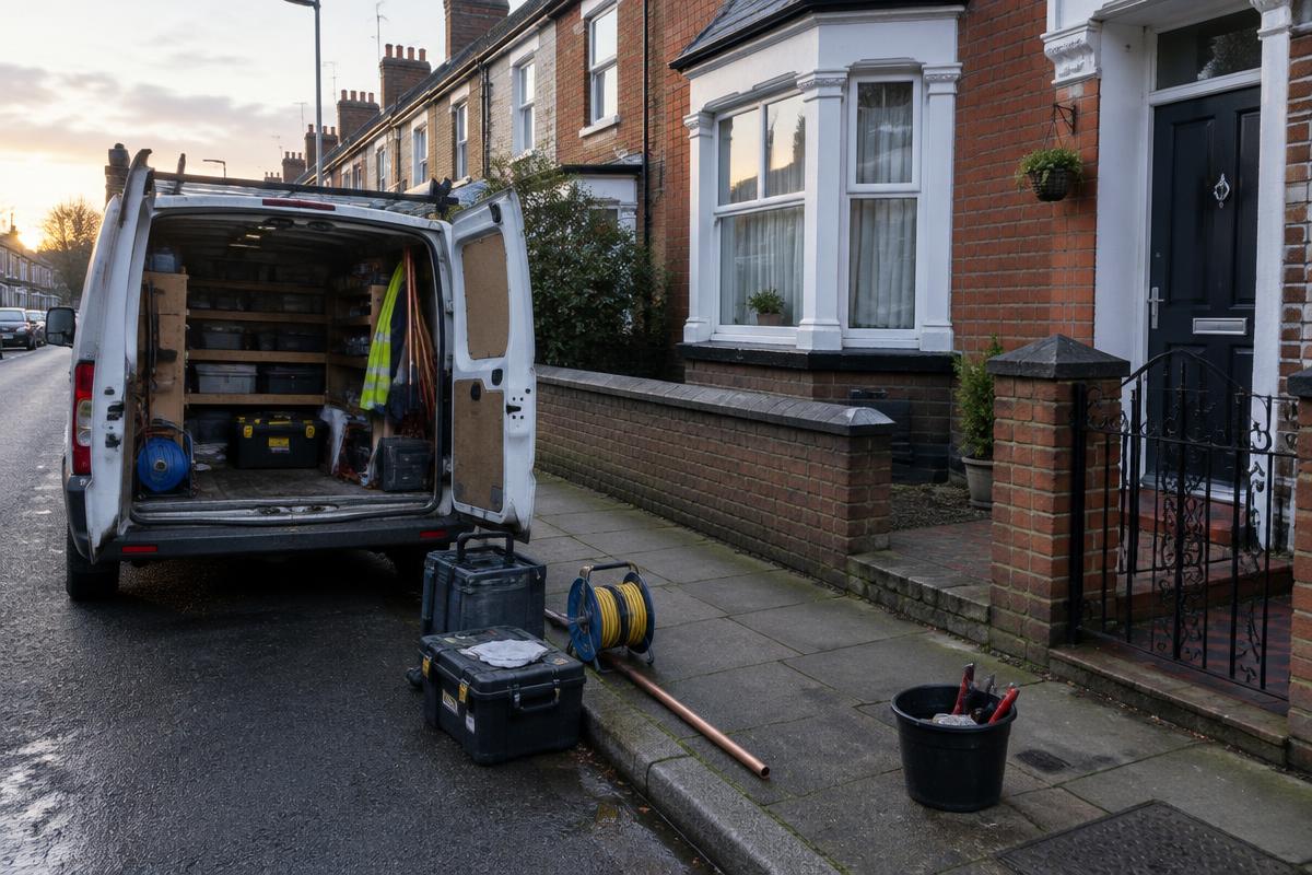 Tradesperson's van and tools outside a terraced house at dawn