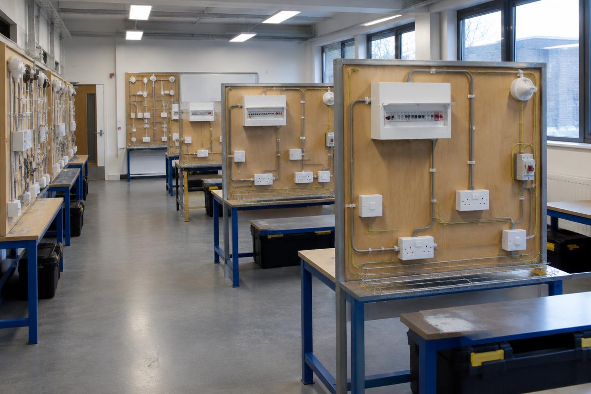 Electrical installation training bays in a further education workshop