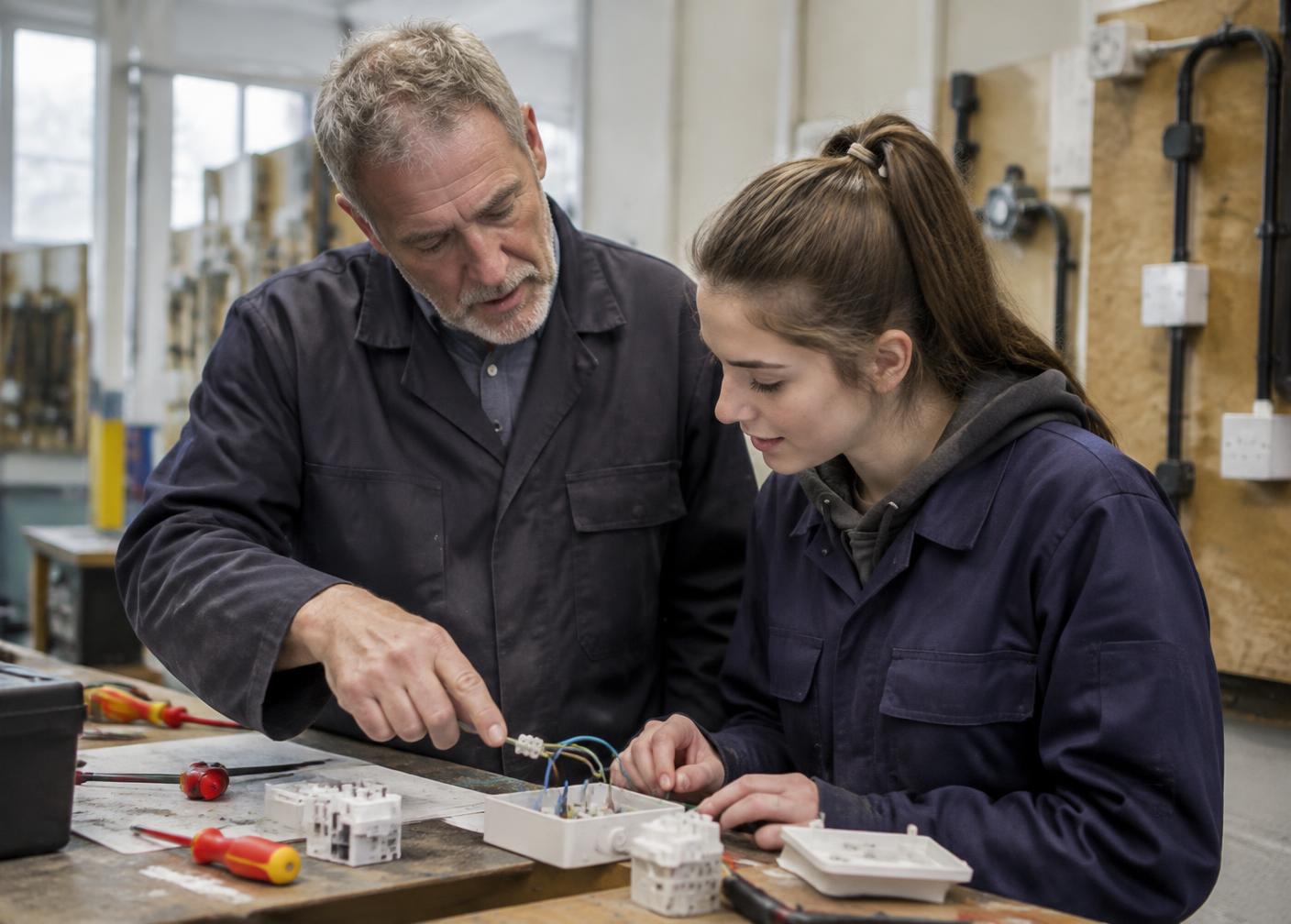 Experienced electrician showing an apprentice how to wire a junction box