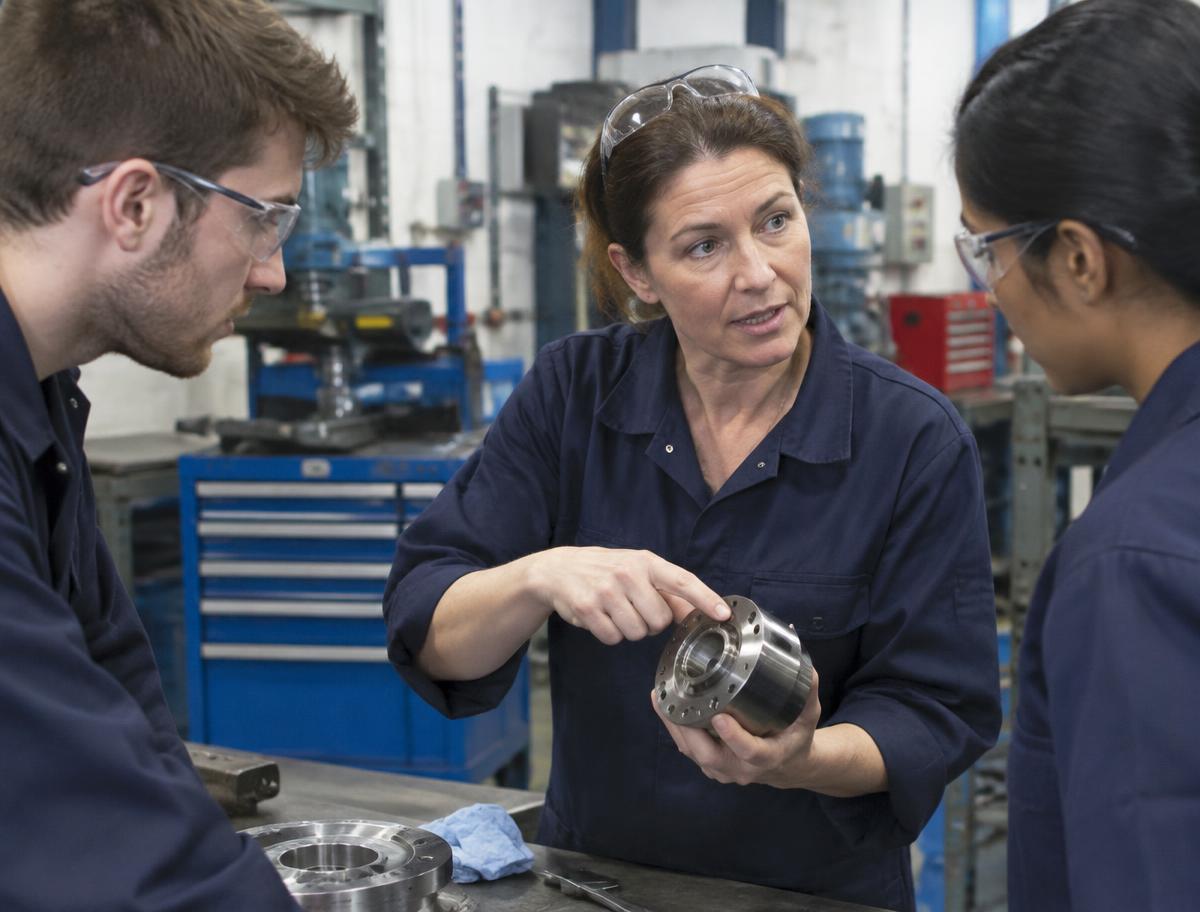 Experienced engineer explaining a machined component to two colleagues