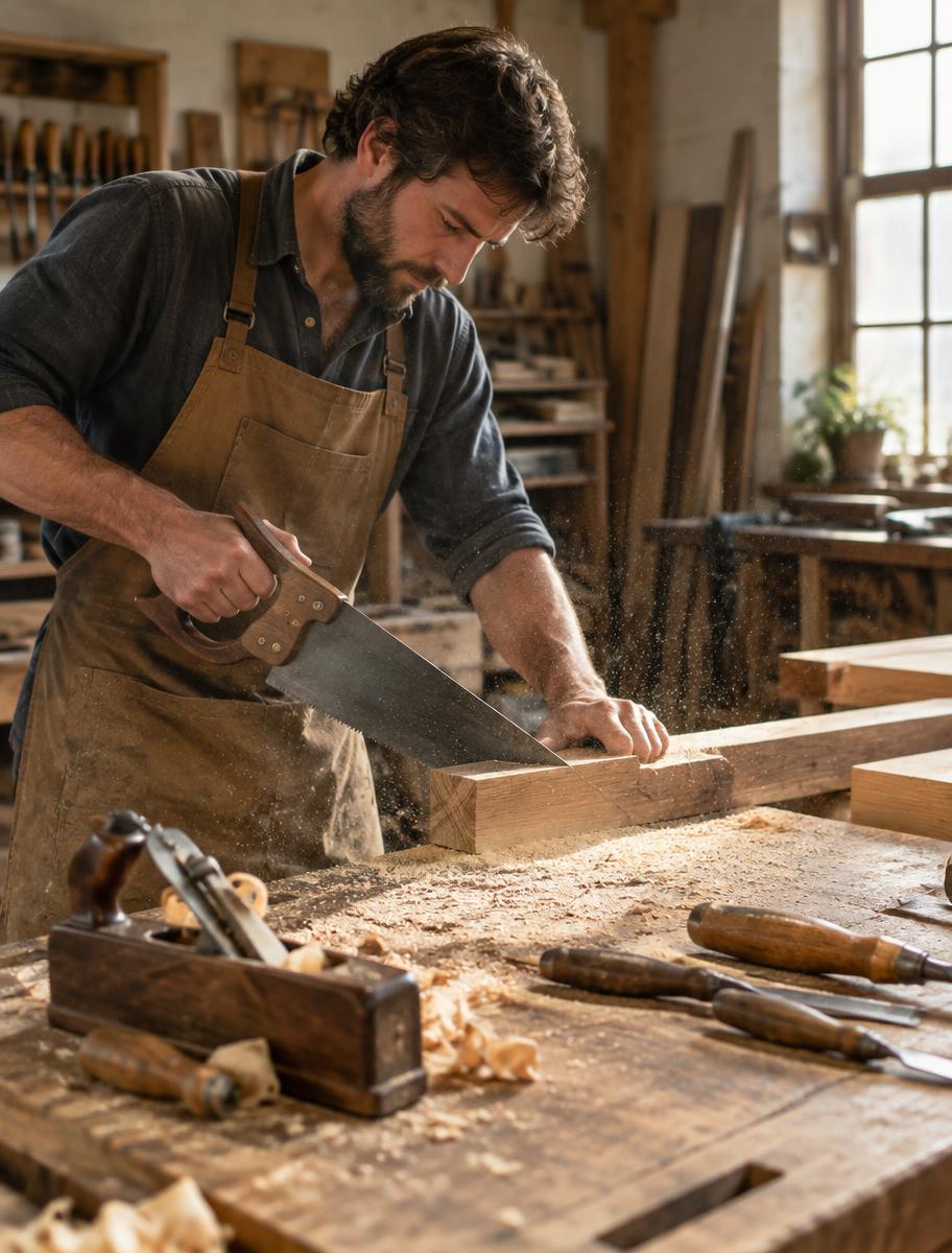 Carpenter cutting timber at a joinery bench