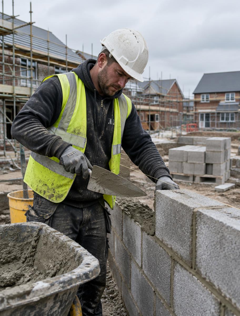 Bricklayer laying blocks on a housing site