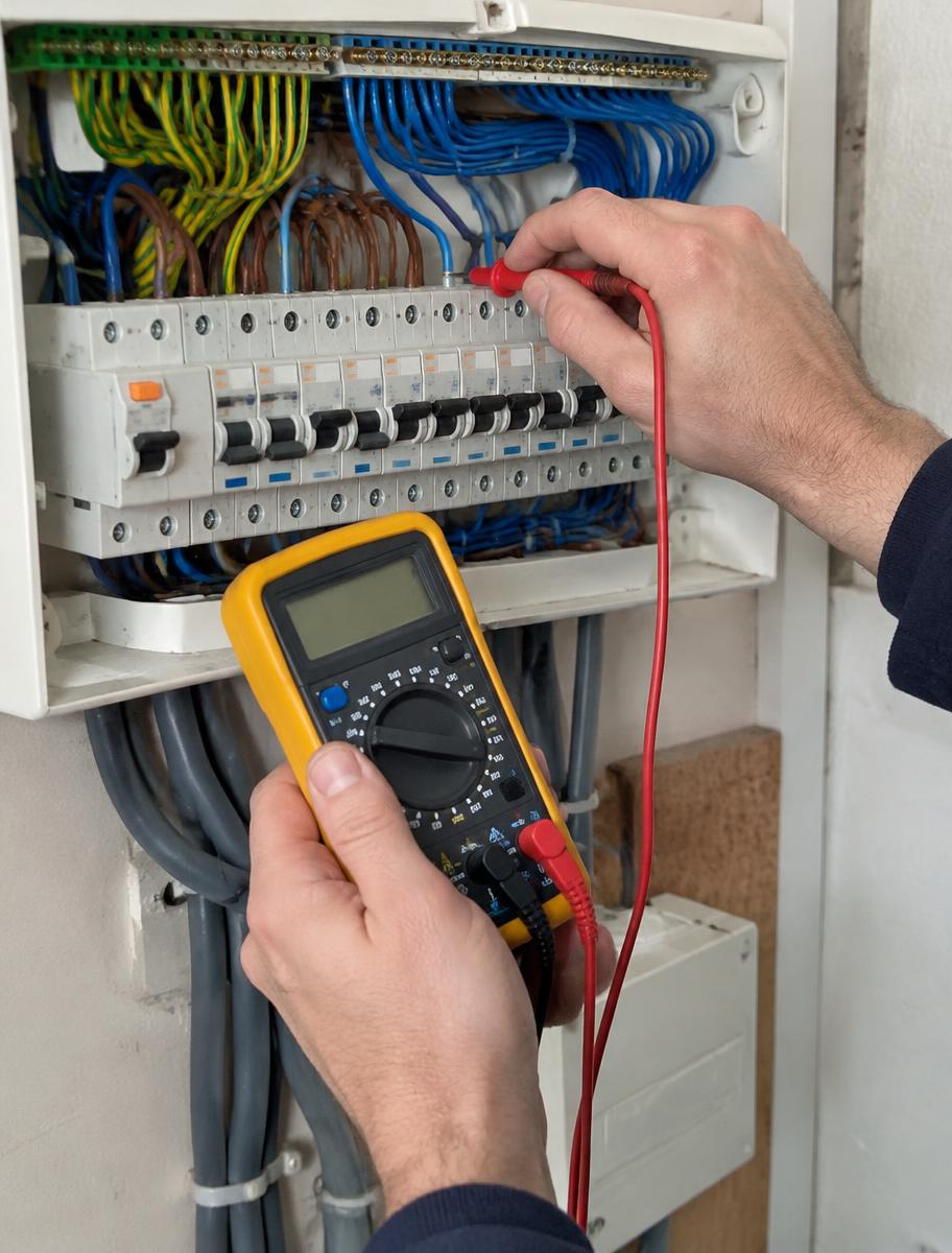 Electrician testing a consumer unit with a multimeter