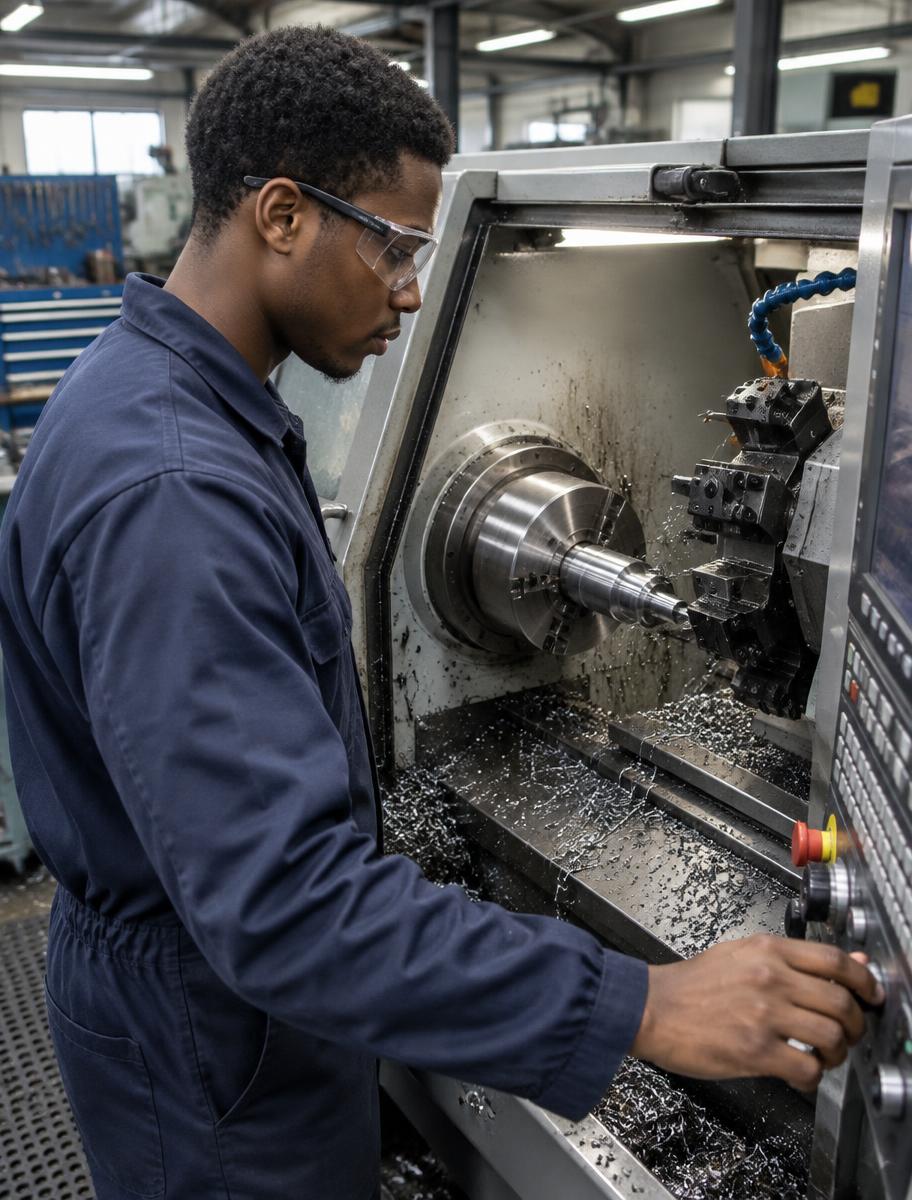 Engineering technician operating a CNC lathe