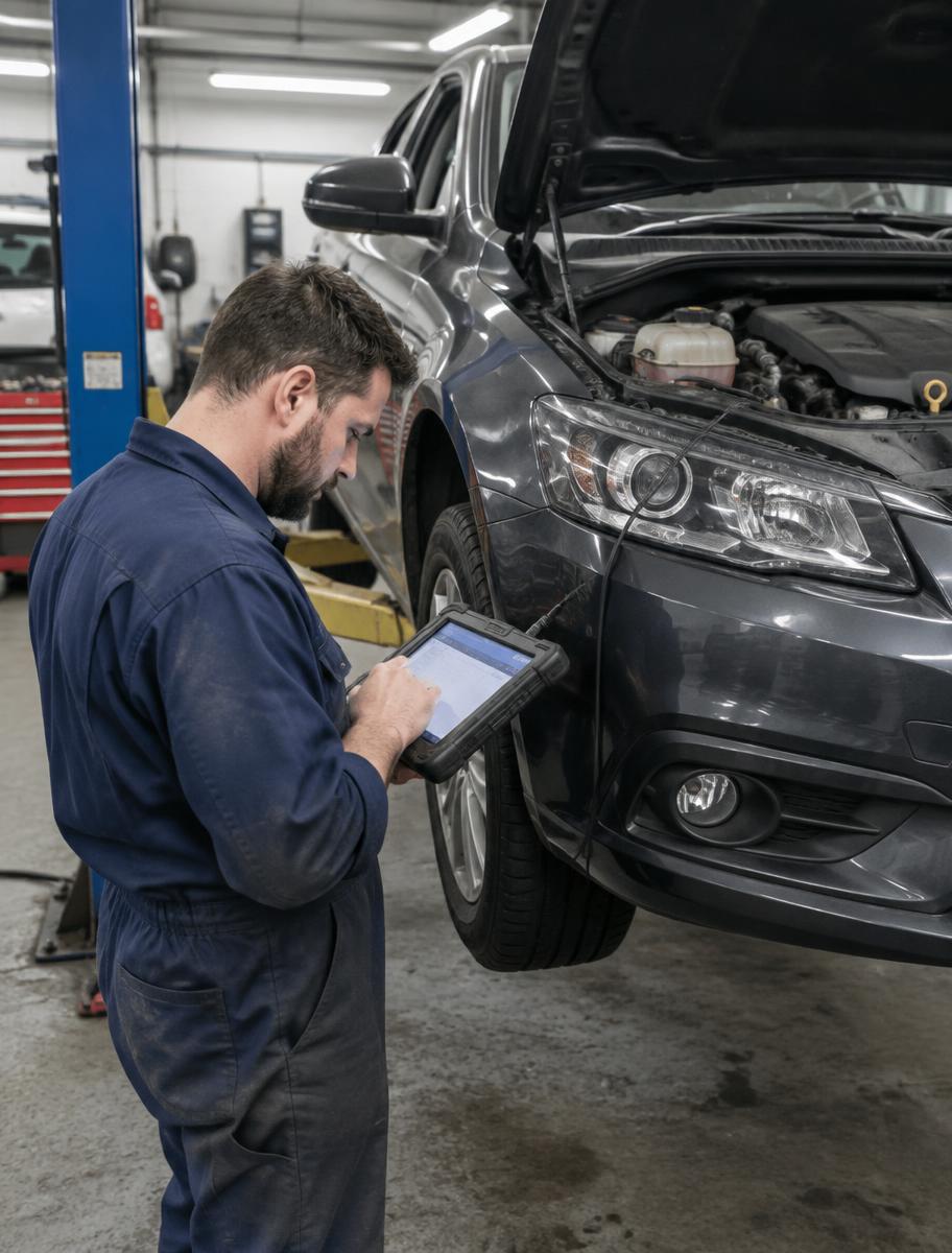 Vehicle technician running diagnostics in a garage