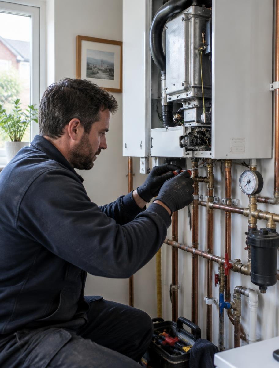 Heating engineer servicing a domestic boiler