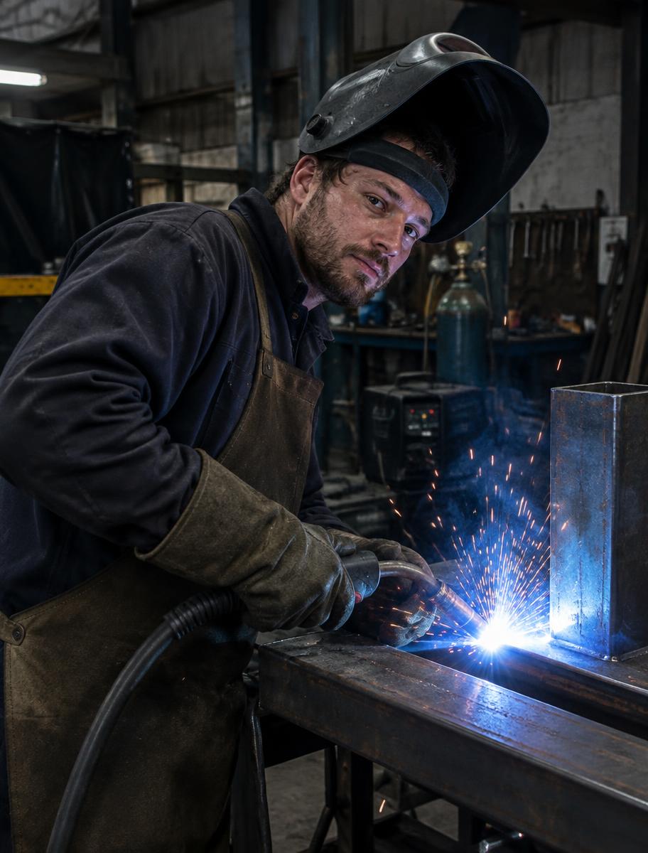 Welder joining steel section in a fabrication shop